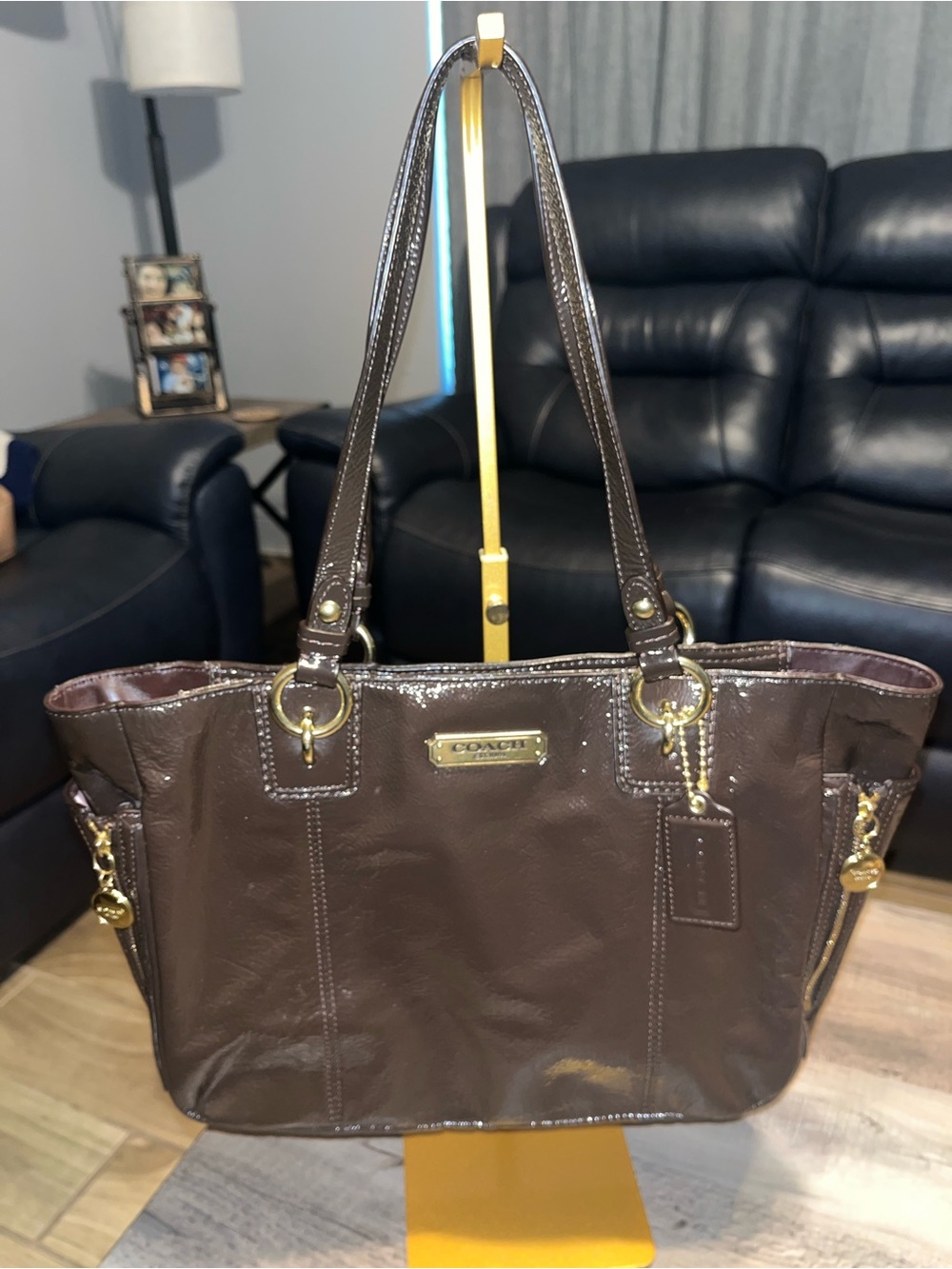 Coach Penelope Brown Patent Leather Shoulder Tote with Gold Hardware